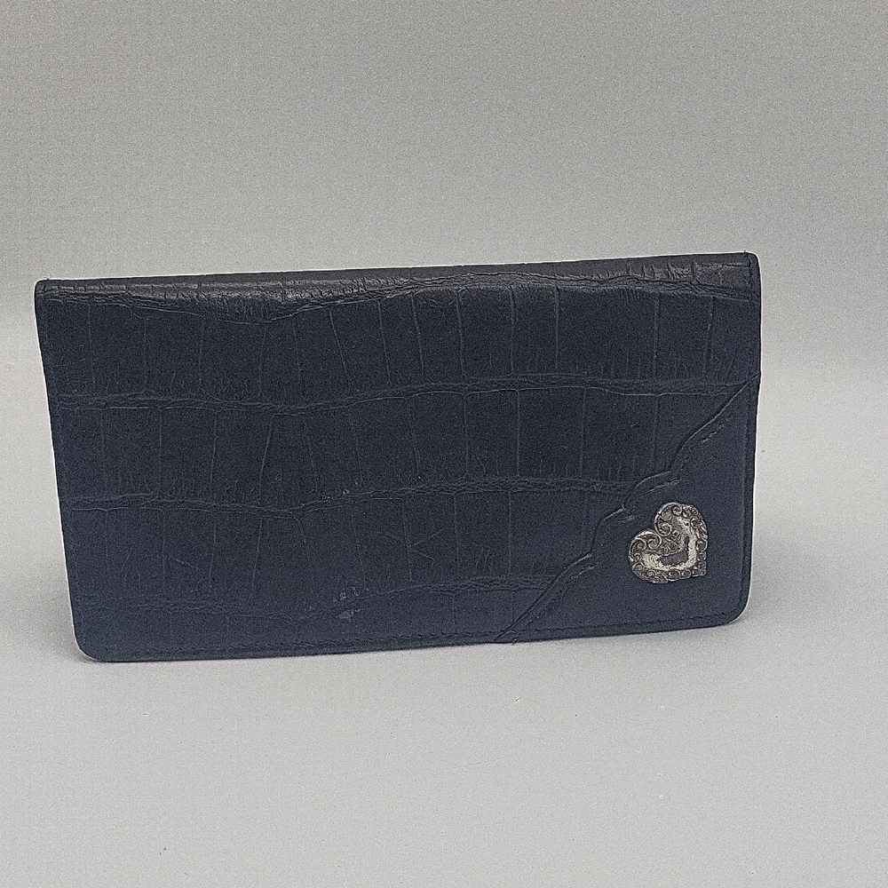Brighton Black Croc-Embossed Leather Wallet with Silver Heart Accent